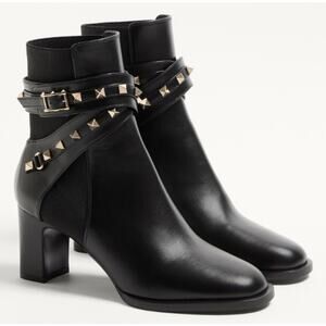 Valentino Garavani Rockstud Heeled Calfskin Ankle Boot Black Womens 39 / US 9
